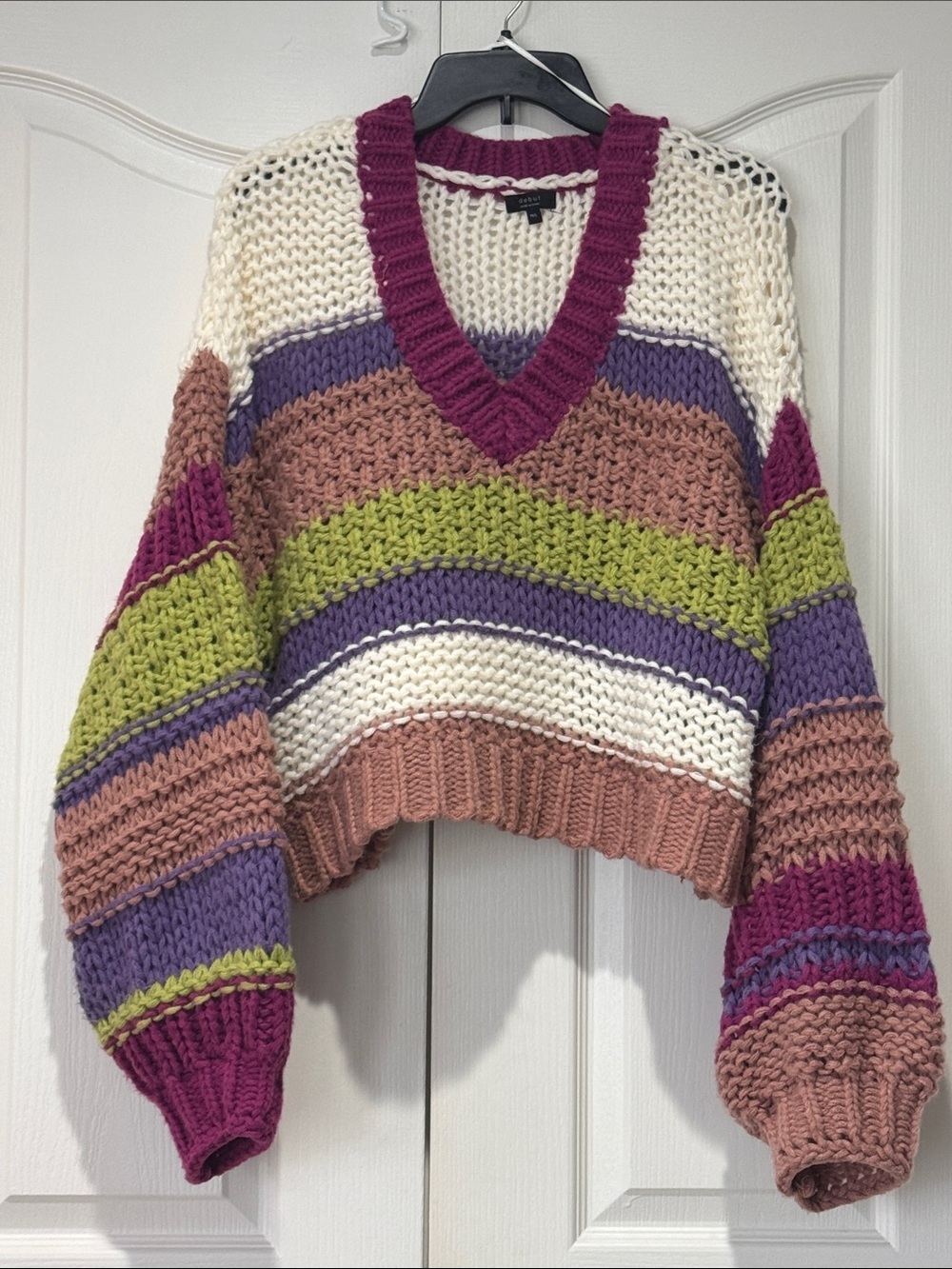 debut Crop Chunky V-Neck Striped Sweater in Cream, Plum,Purple,Mauve, Chartreuse